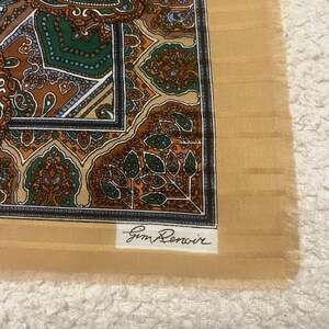 Vintage Jim Renoir Large Paisley Silk Scarf Gold Brown and Green Geometric Patte